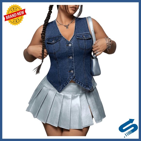 Plus Size Sleeveless Denim Vest V-Neck Button Front Casual Wear